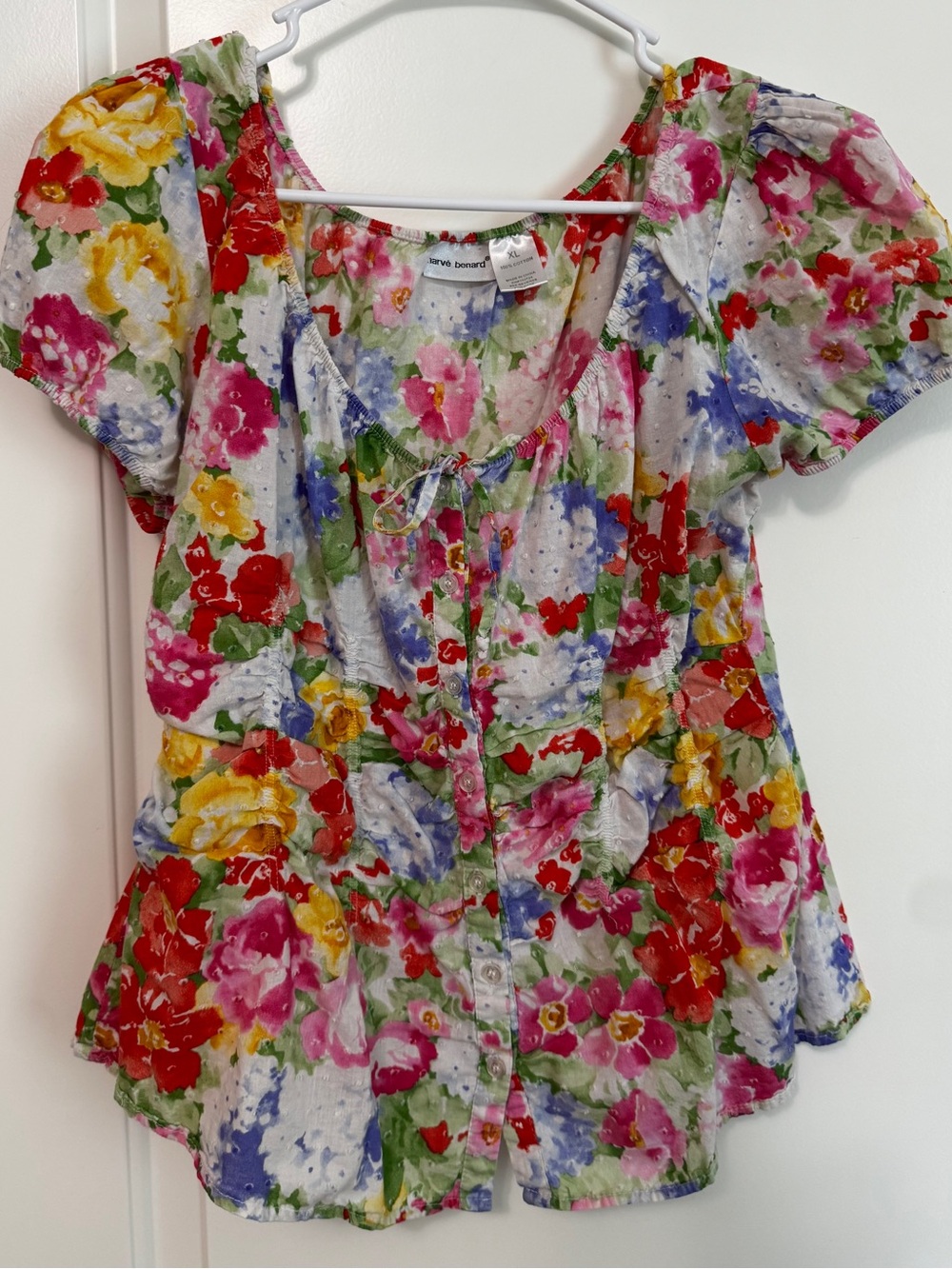 Harvé Benard Swiss Dot Blouse XL Watercolor Print Puff Sleeve Top - Picture 2 of 13